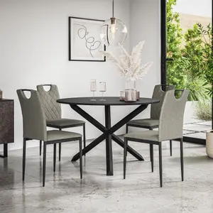 Malvern Round Dining Table And Chairs -  Black Table Top w Solid Oak Black Legs + Monza Fabric Dining Chair Set Of 4 (Grey)