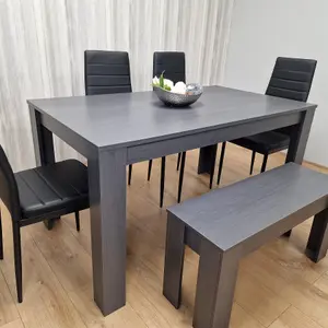 Dining Table and 4 Chairs With a Bench  Black Dark Grey 4 Black Leather Chairs 1 Grey Bench Wood Dining Set Furniture