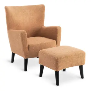 Teddy Boucle Accent Wingback Chair with Footstool in Camel Brown