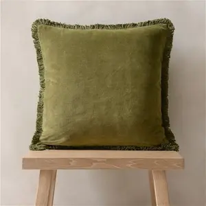 Home Accessories Cotton Velvet Fringed Cushion - Dark Olive