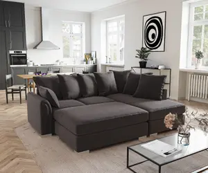 Chiswick Right Hand Facing Corner Sofa with Footstool Black