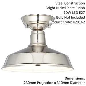 Semi Flush Ceiling Light Fitting - Bright Nickel Plate - Gloss White Inner Shade