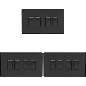 3 PACK 4 Gang Quad Light Switch SCREWLESS MATT BLACK 2 Way 10A Slim Rocker