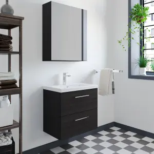 Level Wall Hung 2 Drawer Vanity Unit with Mid-Edge Ceramic Basin, 600mm - Woodgrain Charcoal Black - Balterley