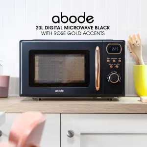 Abode Retro Black Microwave 20L 700W Digital 8 Auto Cook Rose Gold with Defrost Function AMD2004BRG