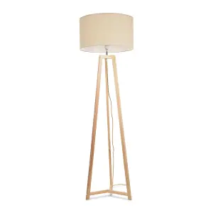 ValueLights Lottie Natural Wood Tripod Floor Lamp with Natural Drum Shade - LED Bulb Included