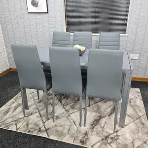 Glass Dining Table and 6 Chairs Dining Table and Chairs set 6 Grey Table with 6 Grey Leather Chairs Furniture Kosy Koala