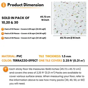 Vinyl Floor Tiles Self Adhesive - 30 Pack Covers 67.4 sqft (6.27 sqm) - Square Tile Size (45.7 x 45.7cm) Off-White Terrazzo Effect