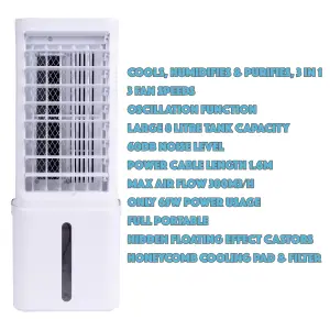 MYLEK Air Cooler Portable Evaporative 8L Oscillating Water Fan Humidifier 65W Cooling Bedrooms Home Office