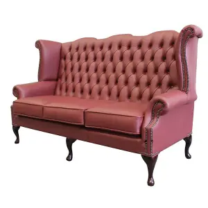 Chesterfield 3 Seater High Back Wing Sofa Shelly Burgandy Leather In Queen Anne Style