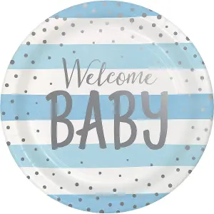 Creative Party Welcome Baby Paper Dinner Plate (Pack of 8) Blue/White/Silver (One Size)