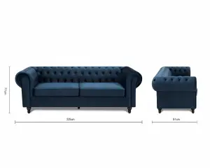 Chesterfield Velvet Fabric 3 Seater Sofa, Midnight Blue