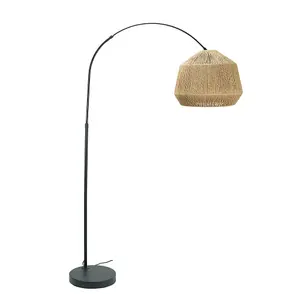 ValueLights Louis Black Arched Curved Floor Lamp with Natural Rope Pendant Lamp Shade