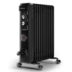 Pro Breeze 2500W Compact Oil Filled Radiator Heater with 11 Fins and Thermostat Control - Black