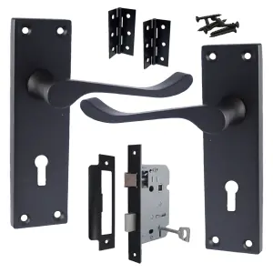 Door Handles Victorian Scroll Lever Lock - Matt Black Pack Hinges 150 x 40mm