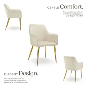 Dining Chair Avane - velvet look, padded armchair, high backrest and armrests - beige