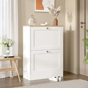 White Shoe Cabinet Shoe Storage Cupboard Shoe Organiser with 2 Flip Down Drawer