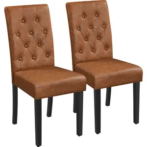 Button Tufted Padded Faux Leather Dining Chair with Solid Wood Legs (Set of 2) Retro Brown