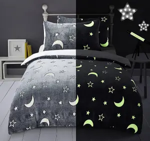 Moons & Stars Glow In The Dark Grey Kids Boys Girls Grey Reverse Soft Feel Fleece Duvet Cover Quilt Bedding Set with Pillowcases