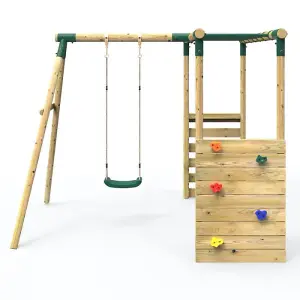 Rebo Wooden Garden Children's Swing Set with Extra-Long Monkey Bars - Single Swing - Solar Green