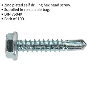 Bulk Pack of 100 Zinc Plated 4.8 x 25mm Self Drilling Hex Head Screws