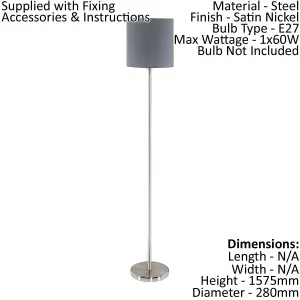 Floor Lamp Light Satin Nickel Shade Grey Fabric Pedal Switch Bulb E27 1x60W