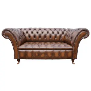 Chesterfield 2 Seater Antique Tan Leather Button Seat Sofa Settee In Balmoral Style