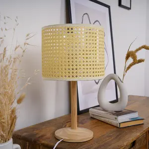 ValueLights Triston Single Stem Natural Light Wood Table Lamp with Cream Woven Rattan Wicker Shade