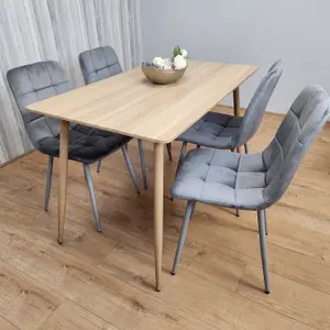 Rectangle Oak Effect Kitchen Dining Table With 4 Grey Velvet Tufted Chairs Dining Set