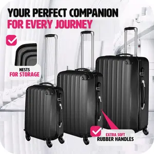 Suitcase Set - 3 hard-shell suitcases with telescopic handle, swivel wheels - black