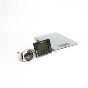 3pc Measuring Set with Silver Pro Glass Digital Kitchen Scale 5kg, Pro Meat Thermometer, Pro Dual Event Digital Timer