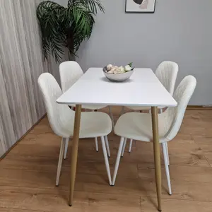 Wooden Dining Table with 4 White Gem Patterned Chairs White Table with White Chairs