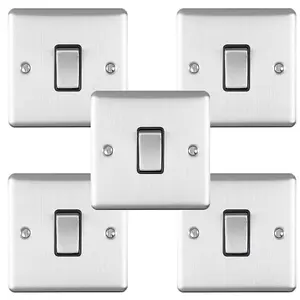 5 PACK 1 Gang Single Light Switch SATIN STEEL 2 Way 10A Black Trim & Metal