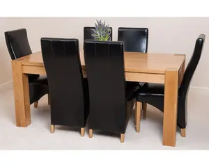 Kuba 180 x 90 cm Chunky Oak Dining Table and 6 Chairs Dining Set with Lola Black Leather Chairs