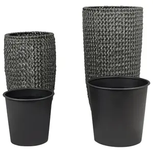 Set of 2 Plant Pots CEDRUS PE Rattan Black