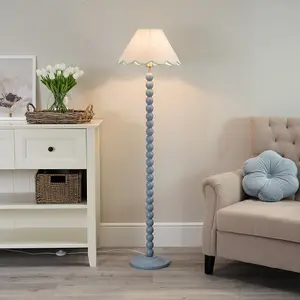 ValueLights Bobbles Powder Blue Bobbin Floor Lamp with Green Trim Scallop Shade - LED Bulb Included