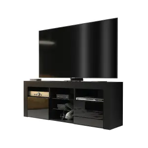 TV Unit 145cm Modern Black with High Gloss Doors - Creative Furniture