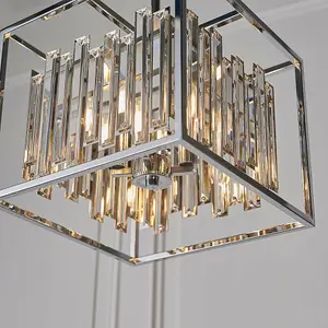 Hanging Ceiling Pendant Light Chrome & Crystal Gorgeous Modern Square Box Shade