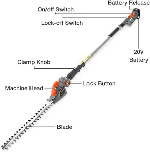 Terratek Cordless Hedge Trimmer 20V Long Reach Hedge Cutter with 2 Li-Ion Batteries & Charger