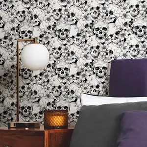 Floral Skulls Wallpaper In Monochrome