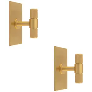 2 PACK - Knurled T Bar Cabinet Door Knob & Matching Backplate - Satin Brass 76 x 40mm