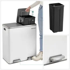 Steel Step On Multi-Compartment Rubbish & Recycling Bin White/Grey / 60L