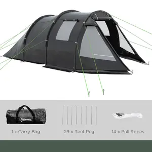 Outsunny 3-4 Persons Tunnel Tent, Two Room Camping Tent w/ Windows, Black