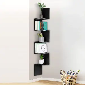 5 Tiers Wall Mount Corner DIY Wooden Shelf Floating - Black