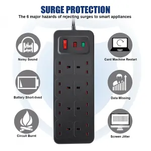 Extrastar 8 Gang Switched Surge-Protected Extension Lead 2m Black 13A