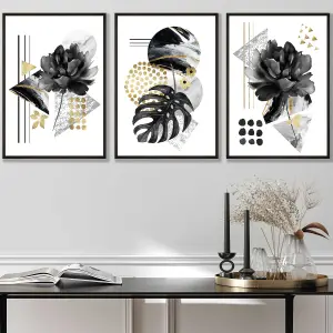 Set of 3 Abstract Black and Gold Botanical Wall Art Prints / 30x42cm (A3) / Black Frame