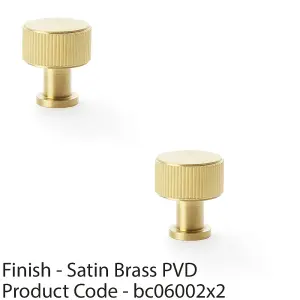 2 PACK - Round Reeded Door Knob - 29mm Diameter Satin Brass Lined Cupboard Pull Handle