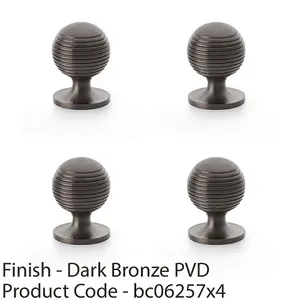 4 PACK - Reeded Ball Door Knob - 32mm Diameter Dark Bronze Lined Cupboard Pull Handle