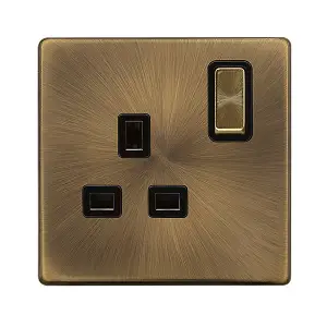 Antique Brass Screwless Plate 1 Gang 13A DP Ingot Switched Plug Socket - Black Trim - SE Home