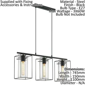 Hanging Ceiling Pendant Light Black Frame & Smoked Glass 3 Bulb Kitchen Lamp